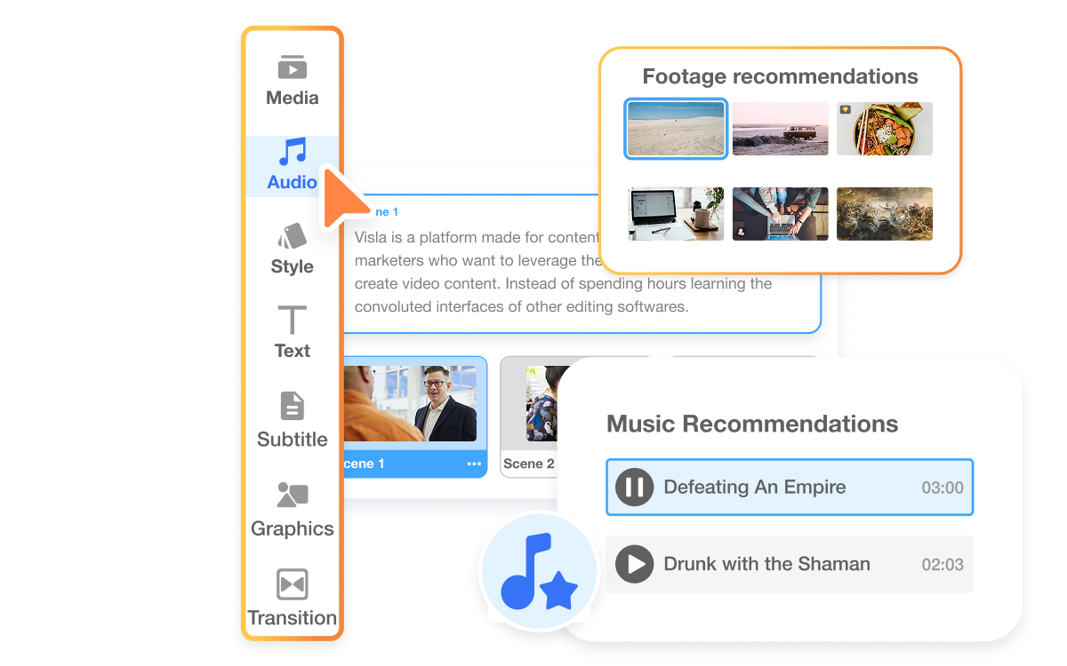 Use AI-powered curation tools in Visla’s automatic video editor to select scenes and generate polished content.